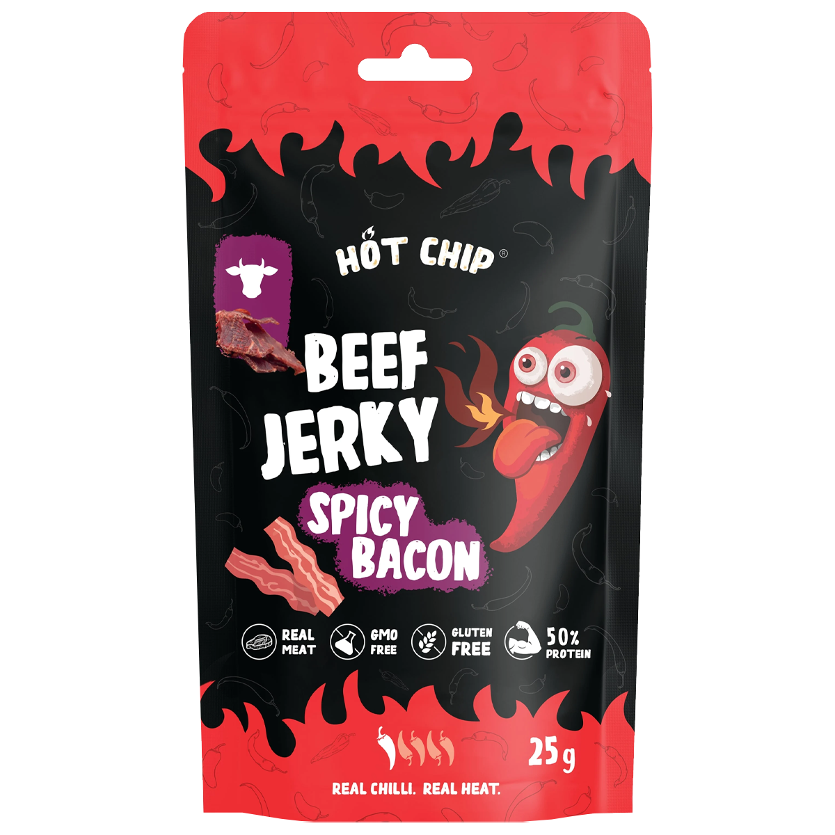 Hot Chip Beef Jerky Spicy Bacon, Carne secca di manzo al bacon da 25g