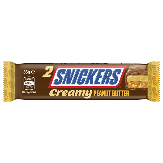Snickers creamy peanut butter, 2 barrette di cioccolato al burro d'arachidi da 36.5g